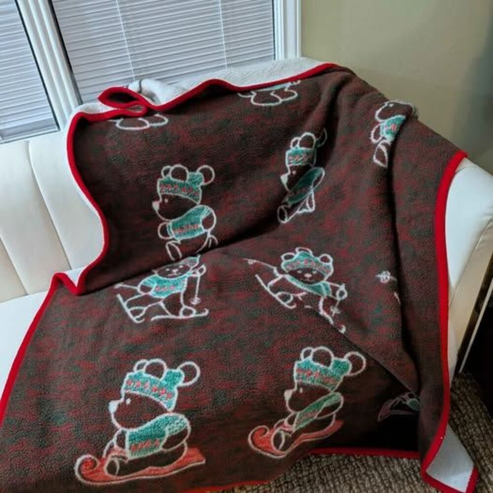 Vintage Biederlack Christmas Teddy Bear Blanket Skiing Sledding Reversible Throw